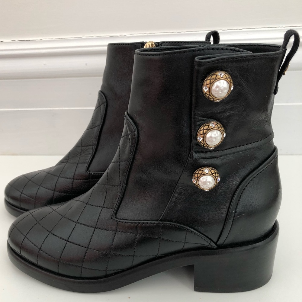 CHANEL Black Quilted Leather Ankle Boots with Pearl Button Detail